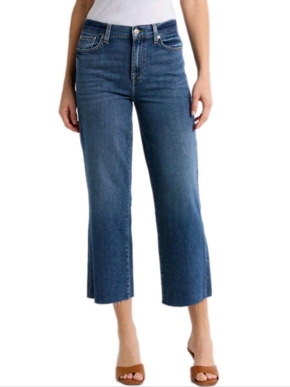 7 For All Mankind Size 23 Alexa Bluw Denim Raw Hem Ankle Crop Jeans MSRP $228